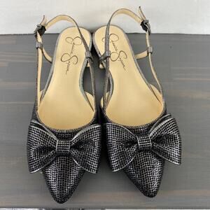 Jessica Simpson Rhinestone Bling Slingback Flats Women 7M Black Bow Pointed Toe
